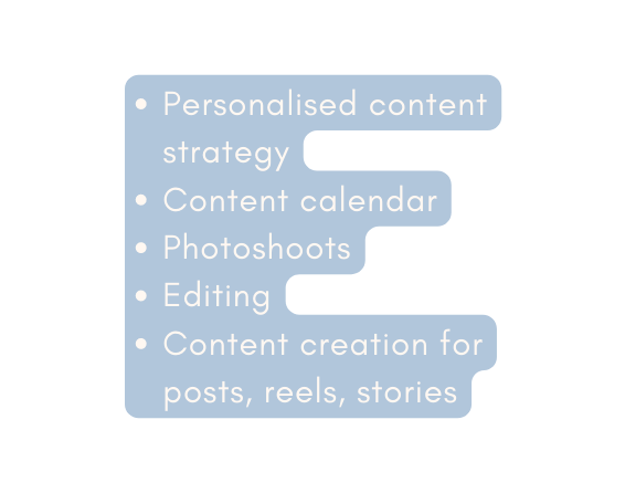 Personalised content strategy Content calendar Photoshoots Editing Content creation for posts reels stories